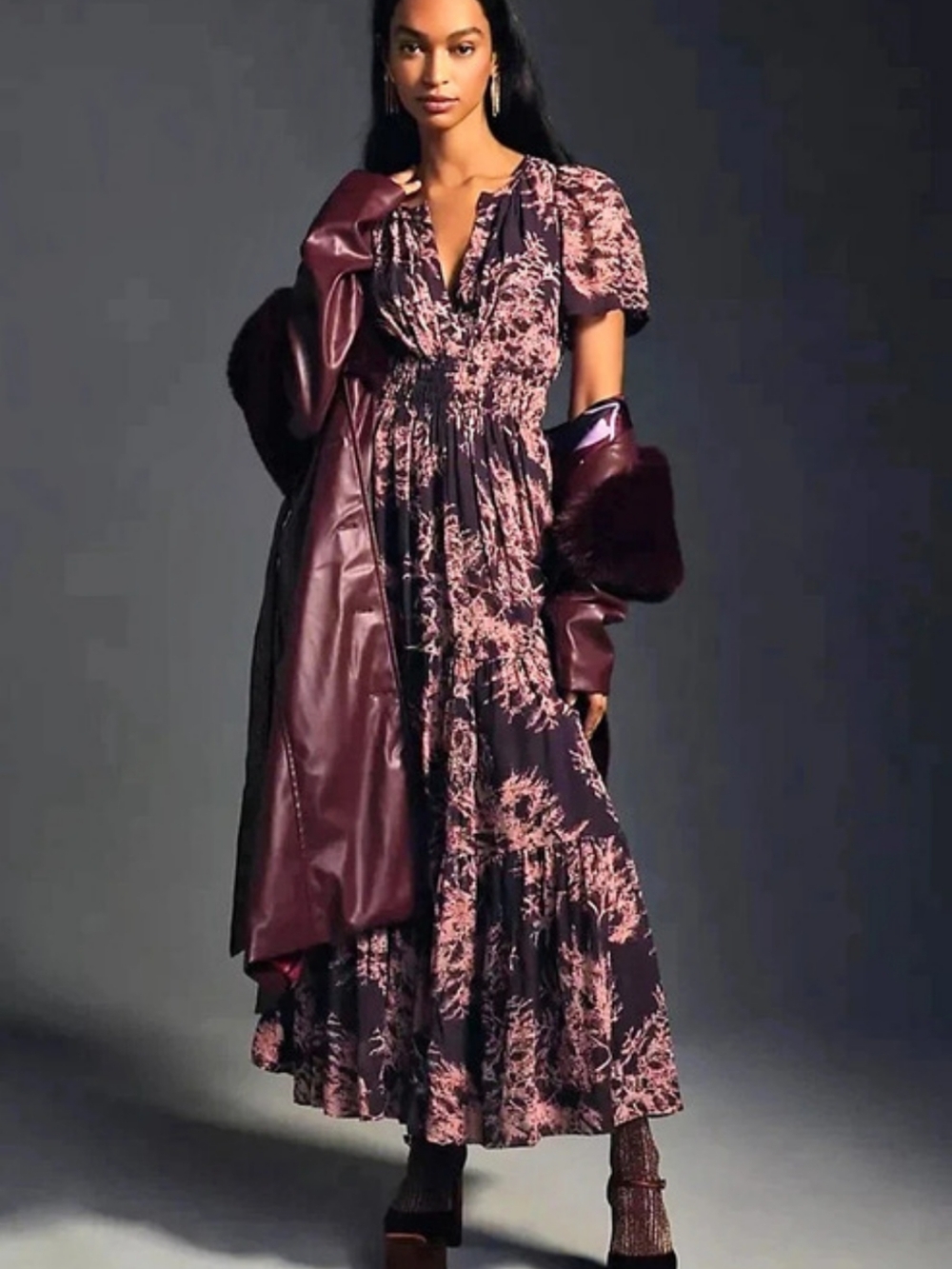 Anthropologie Somerset Floral Chiffon Midi Dress in Purple & Pink Size Small